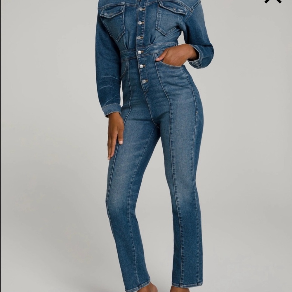 Good American Blue Denim Overalls High-Waisted Tapered Fit